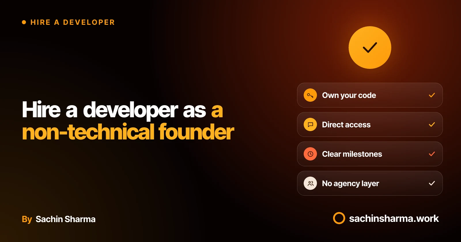 Checklist style artwork: own code, direct chat, clear milestones, no middleman