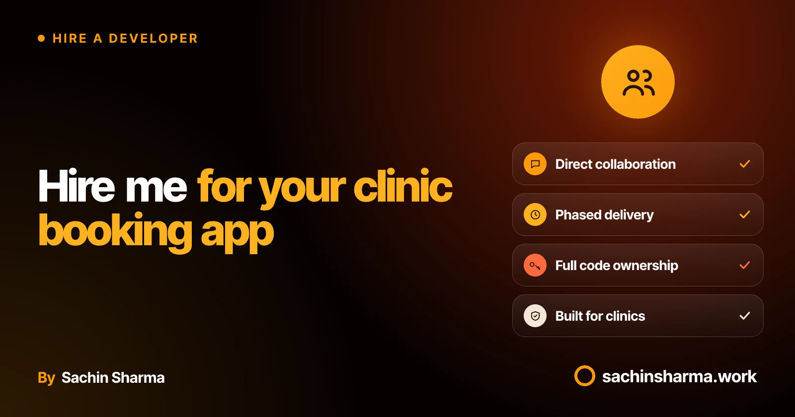Premium artwork showing a central user icon with chips for direct collaboration, phased delivery, code ownership, and clinic-focused design