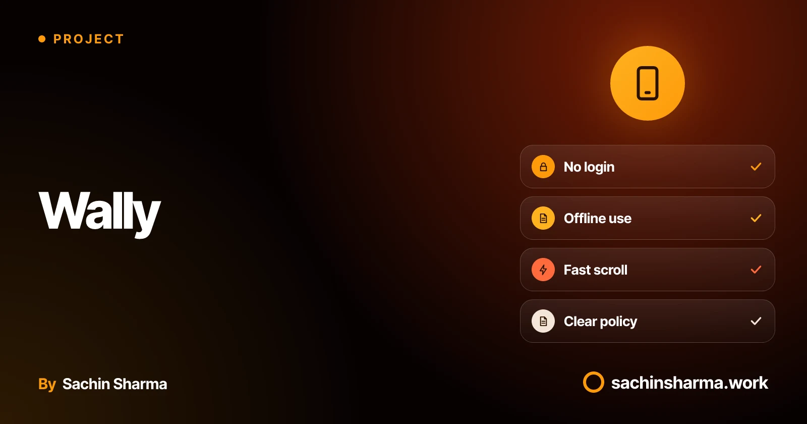 Mobile app concept with no login, offline access, fast scroll and clear privacy policy